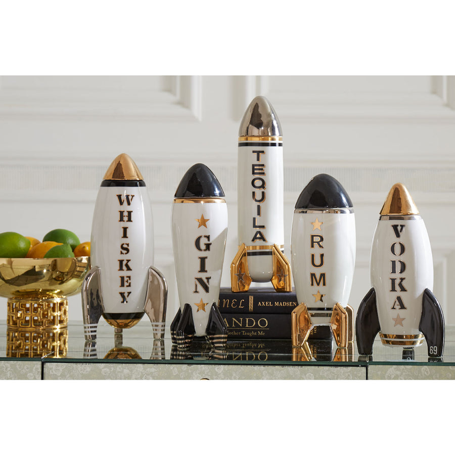 Jonathan Adler Rocket Gin decanter with other home & bar accessories in a decorative tray available at Spacio India for Luxury Homes collection of Bar Accessories