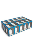 Side look of Jonathan Adler Lacquer Arcade Medium Blue Box on white back ground available at Spacio India for luxury home decor accessories collection of decorative boxes.