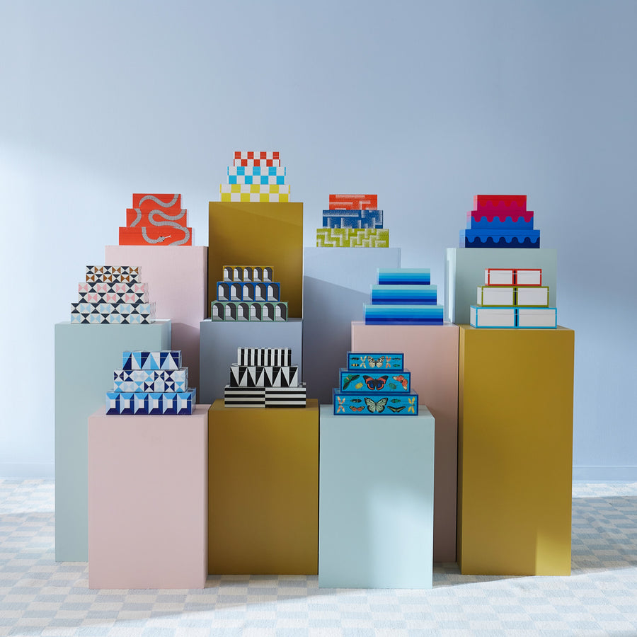 Jonathan Adler Lacquer Arcade Large Box with other collection of boxes on pedestals available at Spacio India for luxury home decor accessories collection of decorative boxes.