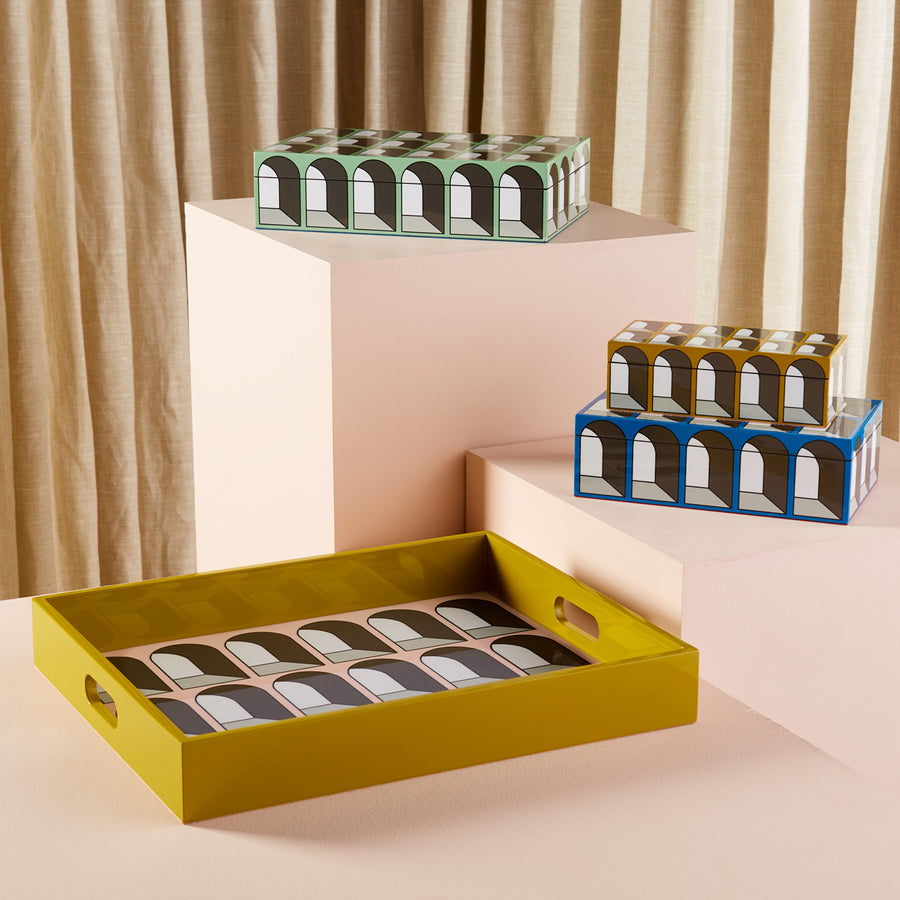 Jonathan Adler Lacquer Arcade Small Box with other color arcade boxes & a Tray on pedestal available at Spacio India for luxury home decor accessories collection of decorative boxes.