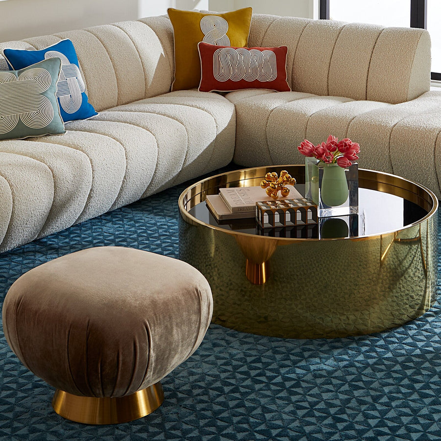 Jonathan Adler Lacquer Arcade Small Box on gold coffee table with other accessories in living room interior available at Spacio India for luxury home decor accessories collection of decorative boxes.