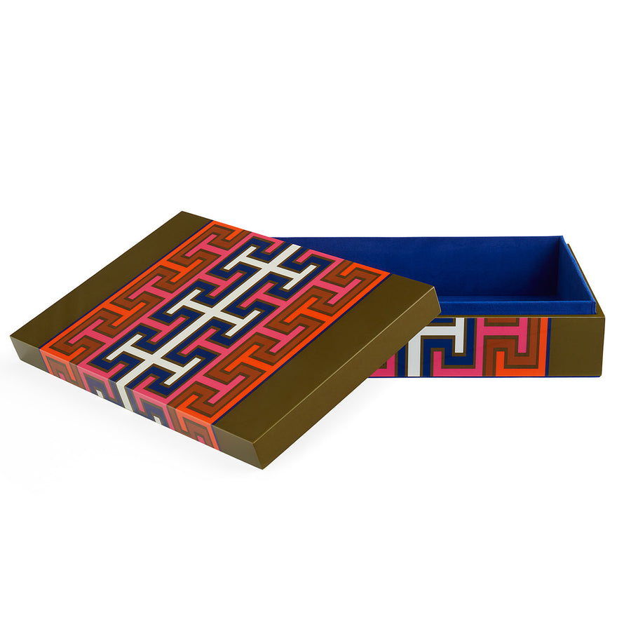 Jonathan Adler Lacquer Madrid Large opened Box showcases a vivid geometric design on white back ground available at Spacio India for luxury home decor accessories collection of decorative boxes.