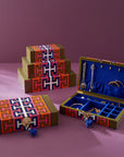 Jonathan Adler Lacquer Madrid Large opened Box showcases a vivid geometric design decorated on a purple back ground available at Spacio India for luxury home decor accessories collection of decorative boxes.