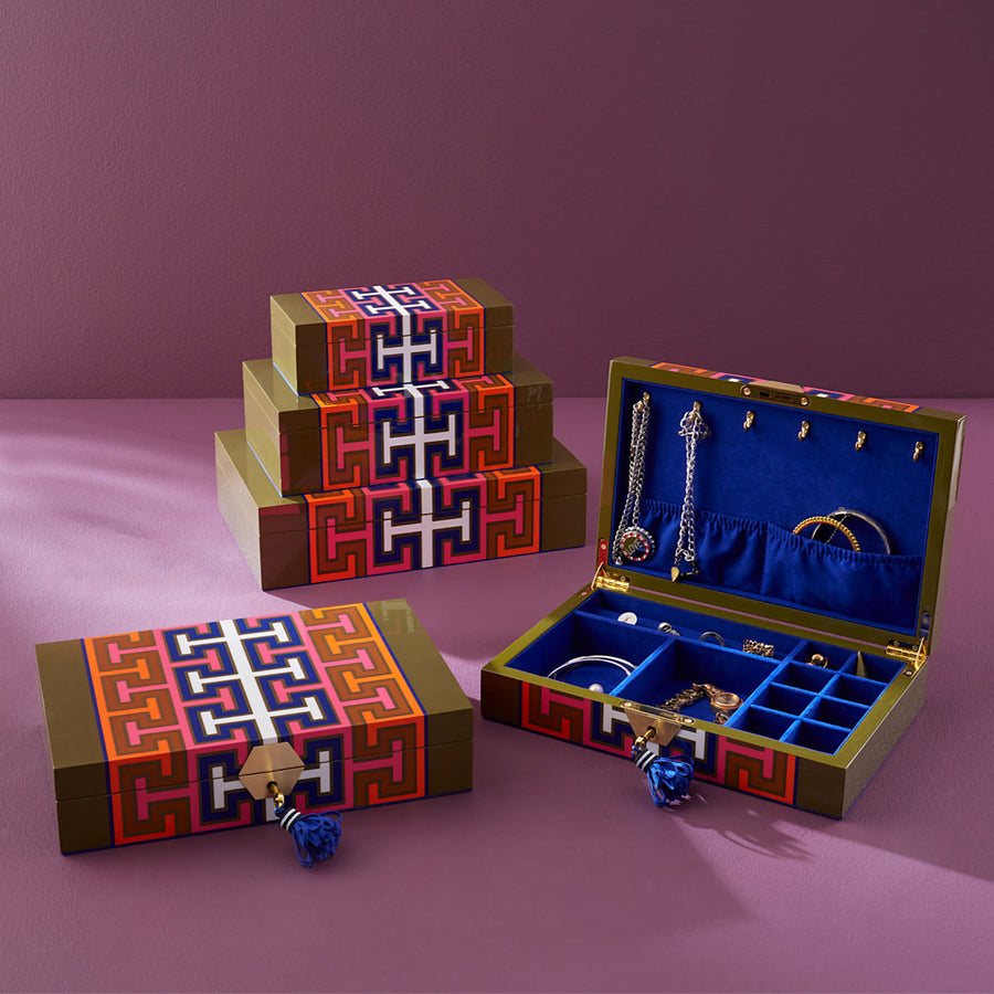 Jonathan Adler Lacquer Madrid Large opened Box showcases a vivid geometric design decorated on a purple back ground available at Spacio India for luxury home decor accessories collection of decorative boxes.