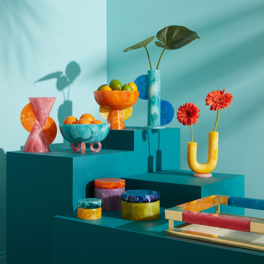 Jonathan Adler Mustique Orange & Yellow Bowl on Blue pedestals with other collection of bowls & vases available in India for Luxury Home Decor accessories collection of Tableware.