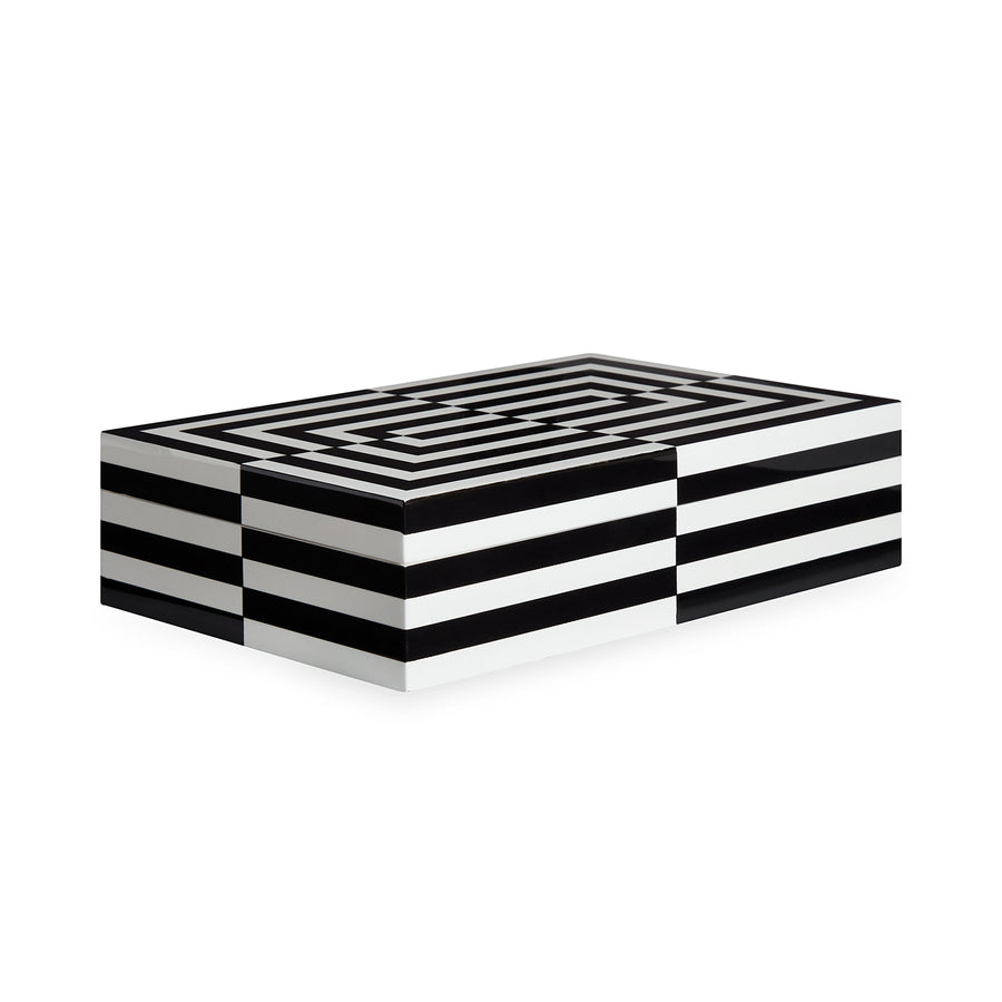 Side look of Jonathan Adler Op Art Large Black & White Box on white back ground available in India for Luxury Home Decor accessories collection of Decorative Boxes.