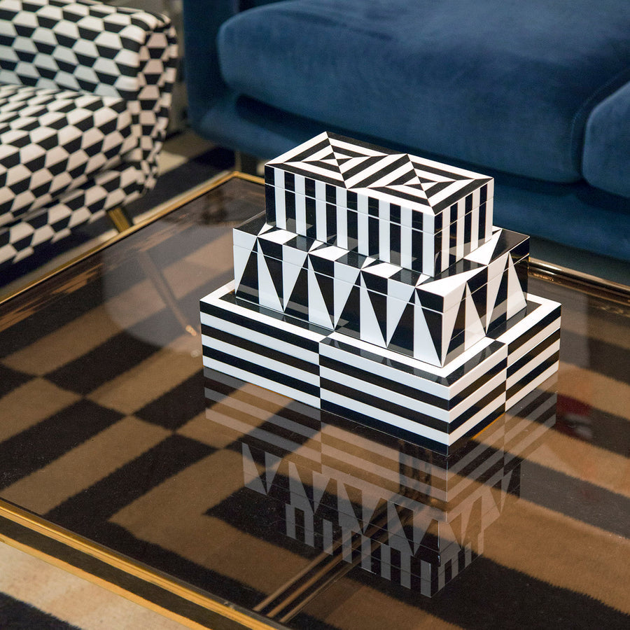 Jonathan Adler Op Art Large Black & White Box with other boxes on coffee table available in India for Luxury Home Decor accessories collection of Decorative Boxes.