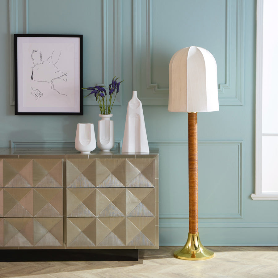 Distant view of Jonathan Adler Arco small porcelain vase with other sizes of arco collection on a console table in interior available at Spacio India for Luxury Home Decor Accessories collection.