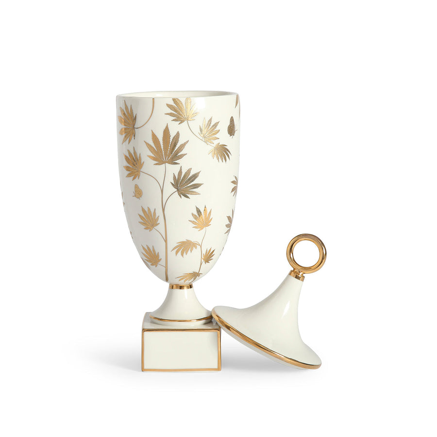 Jonathan Adler Botanist Ganja Urn vase with open cap on a white back ground available at Spacio India for Luxury Home Decor Accessories collection.