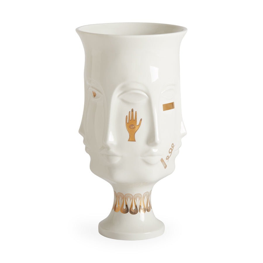 Side angle of Jonathan Adler Muse Dora Maar Urn glided porcelain vase on a white back ground available at Spacio India for Luxury Home Decor Accessories collection.