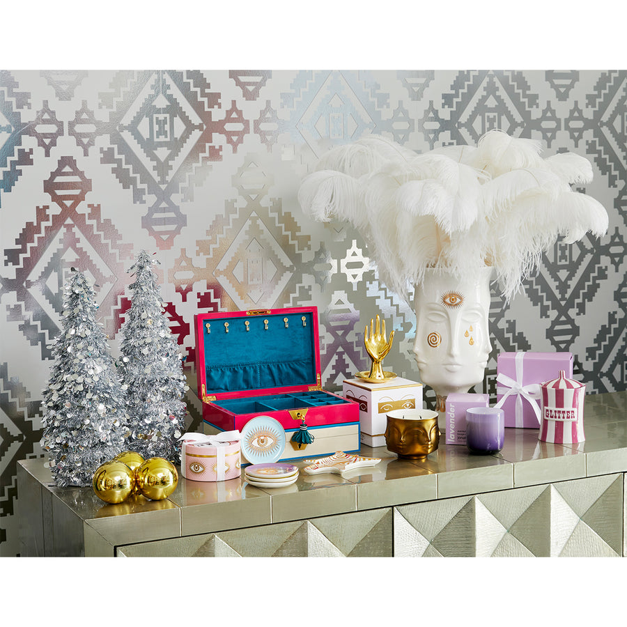 Jonathan Adler Muse Dora Maar Urn glided vase on a console table with other decorative home accessories styled by Spacio's Principal Interior stylist available at Spacio stores India for Luxury Home Decor Accessories collection.