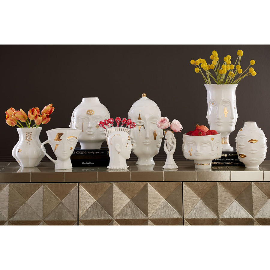 Jonathan Adler Muse Dora Maar large glided vase with other vases collection of glided gold finish on a console table available at Spacio India for Luxury Home Decor Accessories collection.