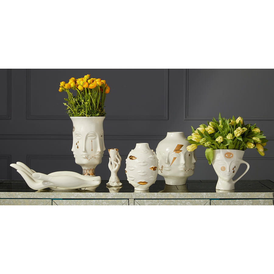 Jonathan Adler Muse Dora Maar large vase on a console table with other vases collection of glided gold finish available at Spacio India for Luxury Home Decor Accessories collection.