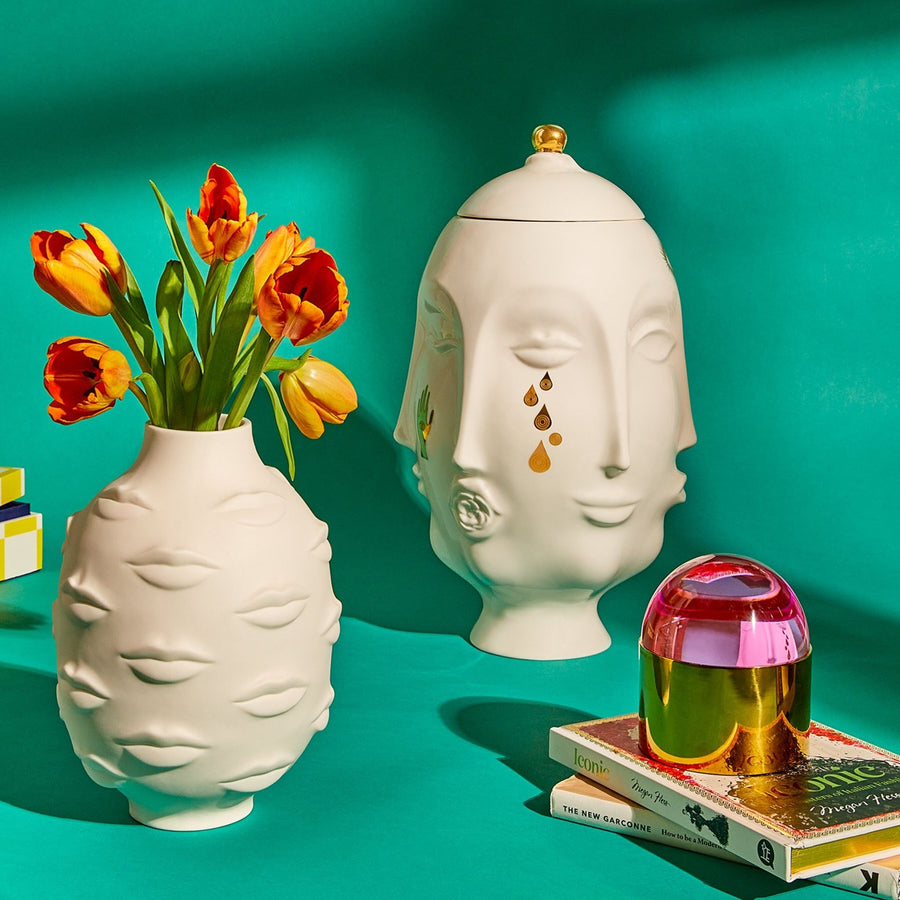 Jonathan Adler Muse Frida glided porcelain vase with gala round vase & other home accessories on a sea green color surface available at Spacio India for Luxury Home Decor Accessories collection.