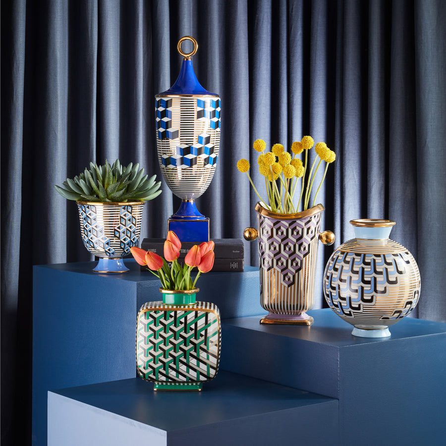 Jonathan Adler Cube Urn Vase with other Versailles Vases on a blue pedestals available at Spacio India for Luxury Home Decor Accessories collection.