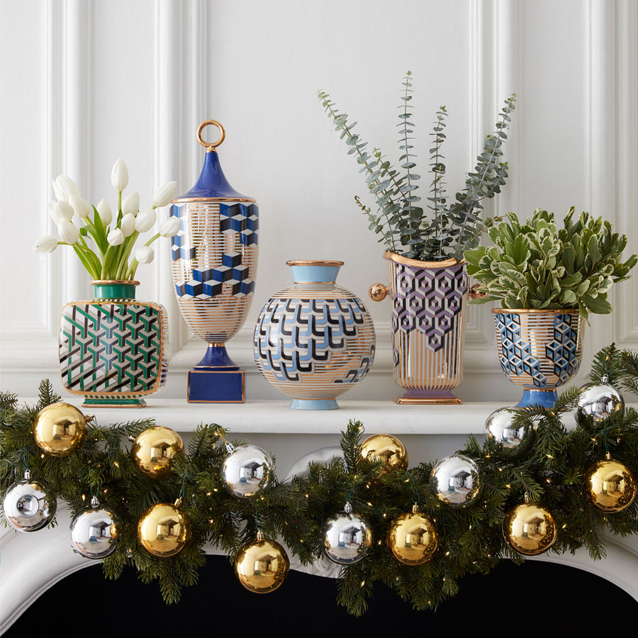 Christmas decoration with Jonathan Adler Cube Urn Vase with other Versailles Vases collection on a Console available at Spacio India for Luxury Home Decor Accessories collection.