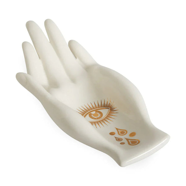 White porcelain fruit bowl shaped like a hand with gold eye and drop motifs - Jonathan Adler at Spacio India