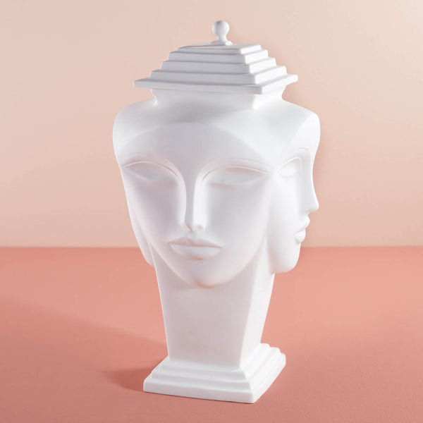 Elegant Jonathan Adler Giuliette Ginger Porcelain Storage Jar showcasing artistic faces in high-fired unglazed porcelain, available at Spacio India retail stores and online.