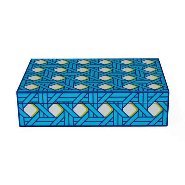 A close-up of the Jonathan Adler Large Lacquer Basketweave Design Box showcasing its modern woven texture, available at Spacio India retail stores and online.