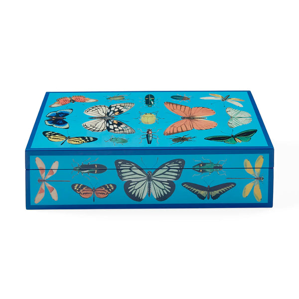 Front view of Jonathan Adler Large Lacquer Botanist Box in peacock blue lacquer with butterflies design - available at Spacio India.
