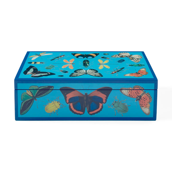 Jonathan Adler Medium Lacquer Botanist Box in peacock blue lacquer with vibrant butterfly and insect illustrations, a luxurious storage piece with navy trim and peacock velvet lining, available at Spacio India.