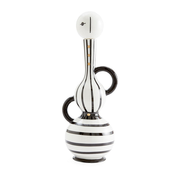 Contemporary Jonathan Adler Medium Vienna Decanter made of porcelain, featuring striking monochrome stripes and spherical topper. Shop this exclusive piece at Spacio India stores and online.