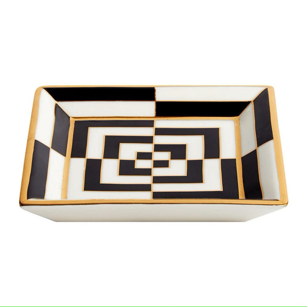 Close-up of Jonathan Adler Op Art Square Tray made of high-fired porcelain with gold detailing, showcasing a striking black and white spiral design.