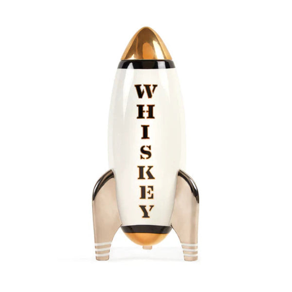 Jonathan Adler Rocket Whiskey Mid-Century Glass Decanter with bold vertical "WHISKEY" typography, luxurious mid-century design, crafted in high-fired porcelain with metallic accents. Shop at Spacio India.
