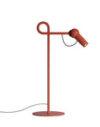 Red floor lamp with adjustable arm on a white background