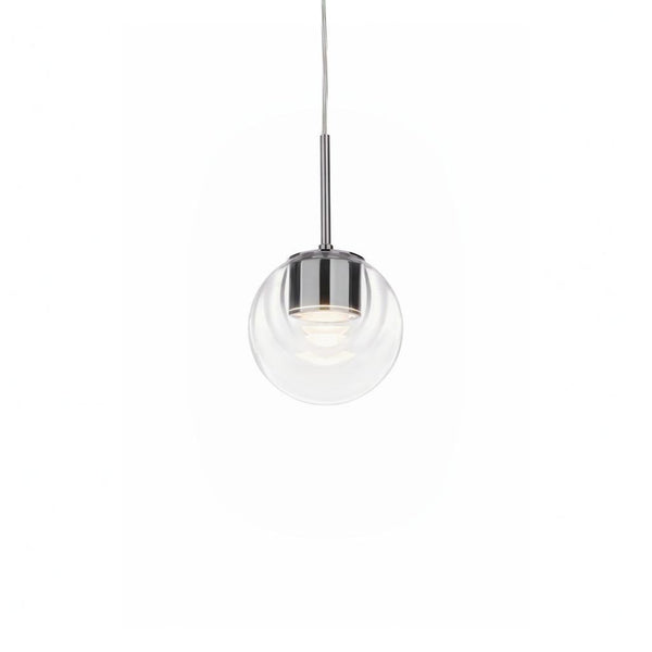 Pendant light with clear glass shade and chrome finish on a white background by KDLN available at Spacio in India. 
