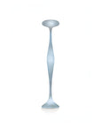 Tall, thin floor lamp with a white glass shade on a white background