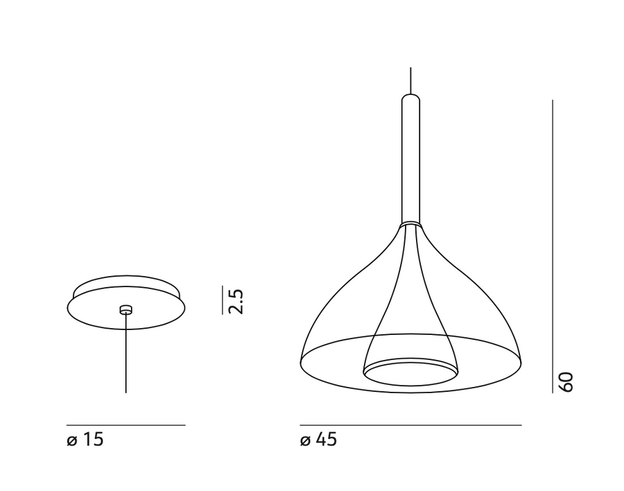 A diagram showing the dimensions of a KDLN Karim Rashid Floob Suspension Pendant Light.