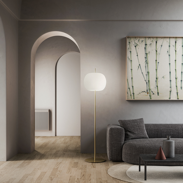 KDLN Kushi XL Floor Lamp in Gold finish in a luxury contemporary home interior styled by Spacio India Interior Styling Team from the Luxury Decorative Lighting Collection