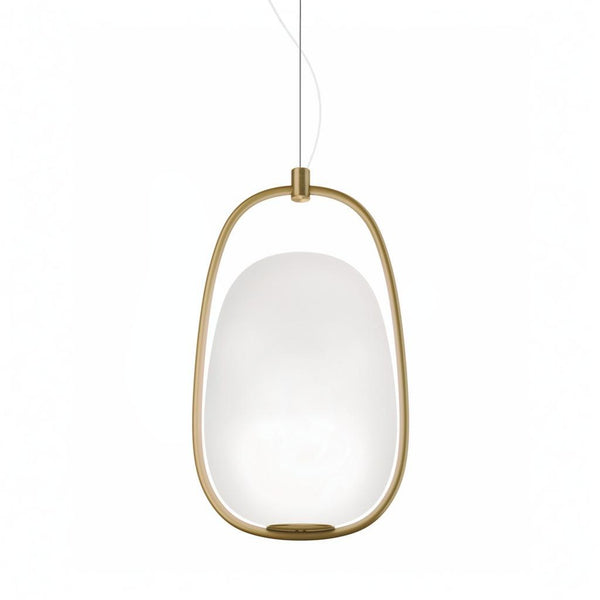 Pendant light with gold frame and white glass shade on a white background from KDLN available at Spacio retail stores in India