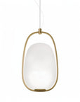 Pendant light with gold frame and white glass shade on a white background from KDLN available at Spacio retail stores in India