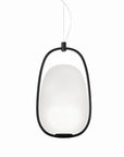 Pendant light with black frame and white glass shade on a white background from KDLN available at Spacio retail stores in India