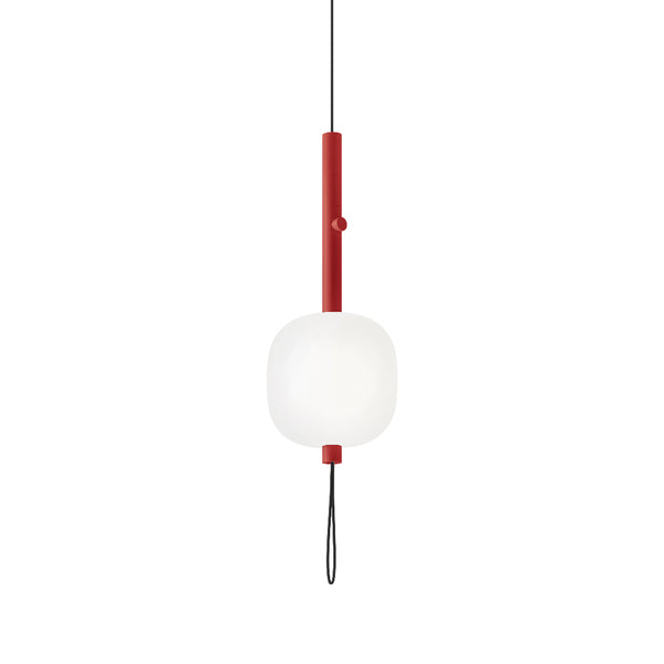 Modern pendant light with a white shade and red accents on a white background from Kdln available at Spacio in India 