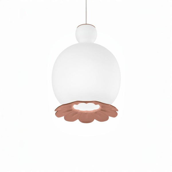 Pendant light with white glass shade and copper base on a white background from Kdln available at Spacio in India 