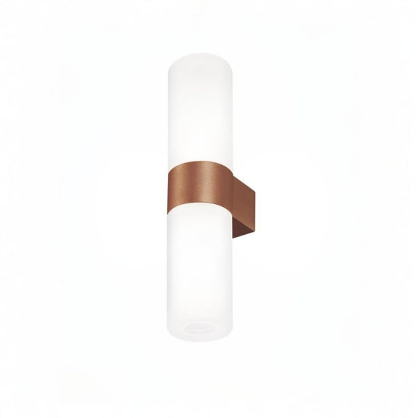 Wall-mounted light fixture with white glass and bronze band on a white background by Kdln available at Spacio in India