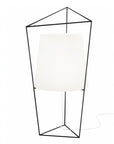 Geometric black metal table lamp with a white lampshade on a white background