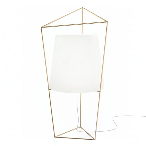 Geometric table lamp with a white shade on a white background by KDLN, available at Spacio in India.  