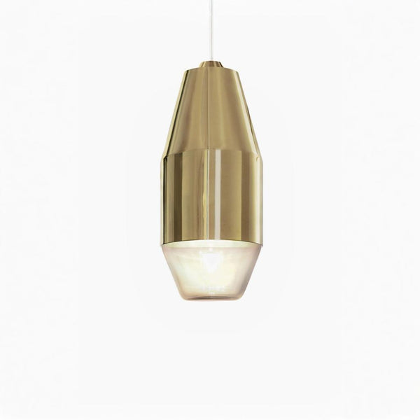 Polished brass modern pendant light on a white background by KDLN, available at Spacio in India.  