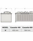 Technical drawing of two cassette models with dimensions labeled