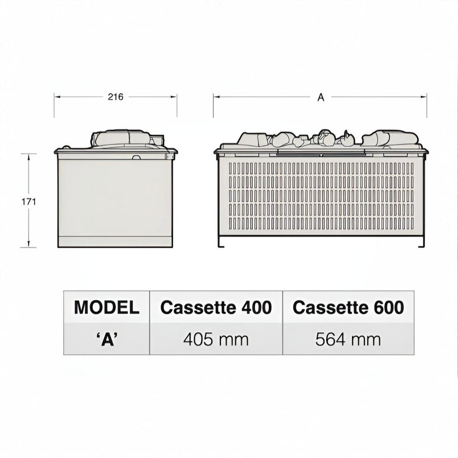 Technical drawing of two cassette models with dimensions labeled