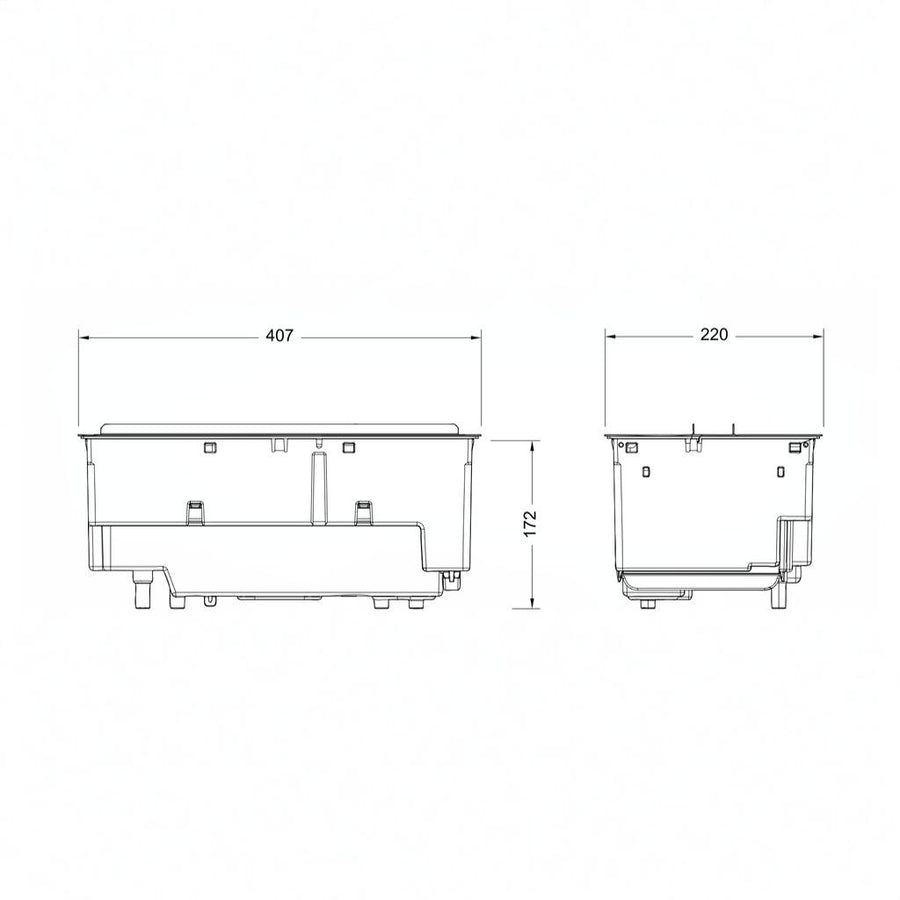Technical drawing of water vapour artificial fireplace with dimensions labeled