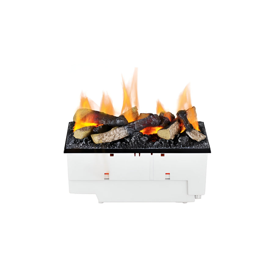 Water vapour artificial fireplace insert with flames and logs on a white background available at Spacio retail stores in Mumbai & Kolkata. 