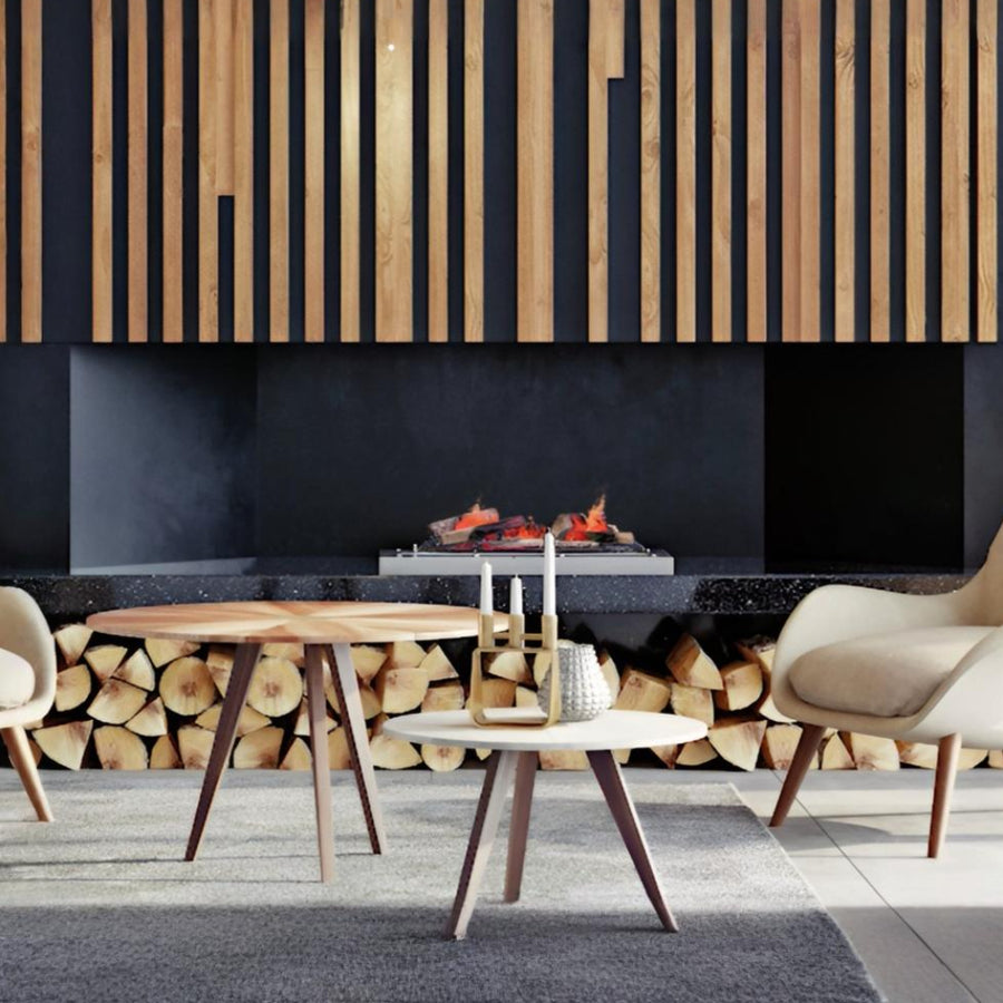 Modern living room with artificial fireplace, tables, and chairs.