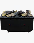 Black artificial fireplace with decorative logs on a white background