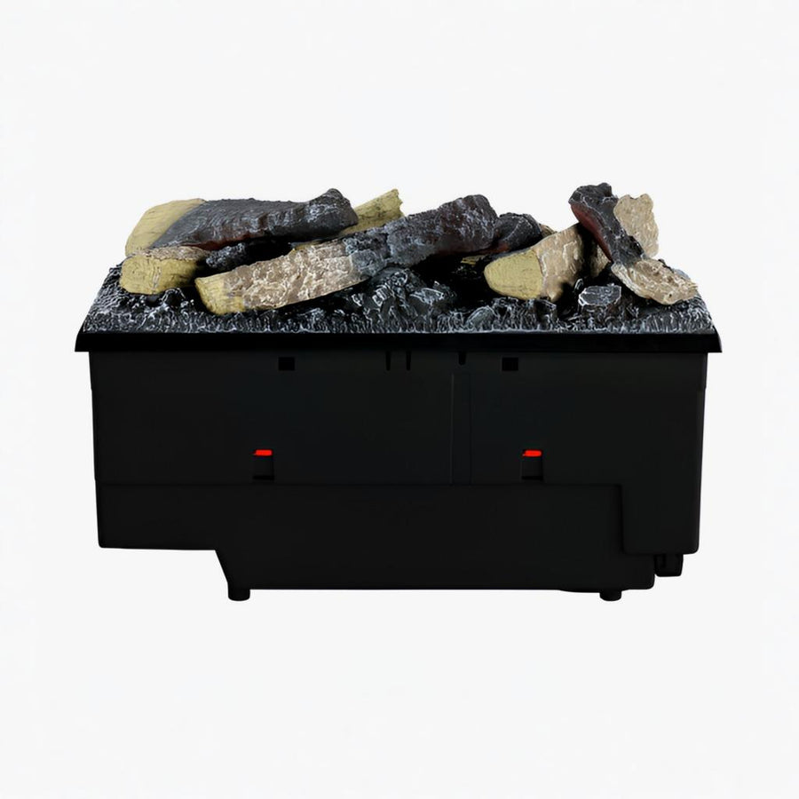 Black artificial fireplace with decorative logs on a white background