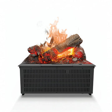 Artificial water vapour fireplace with burning logs on a white background available at Spacio retail stores in Mumbai & Kolkata. 